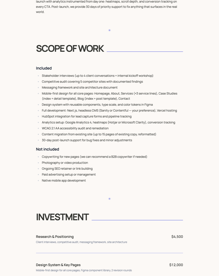 Scope of work with itemized investment pricing