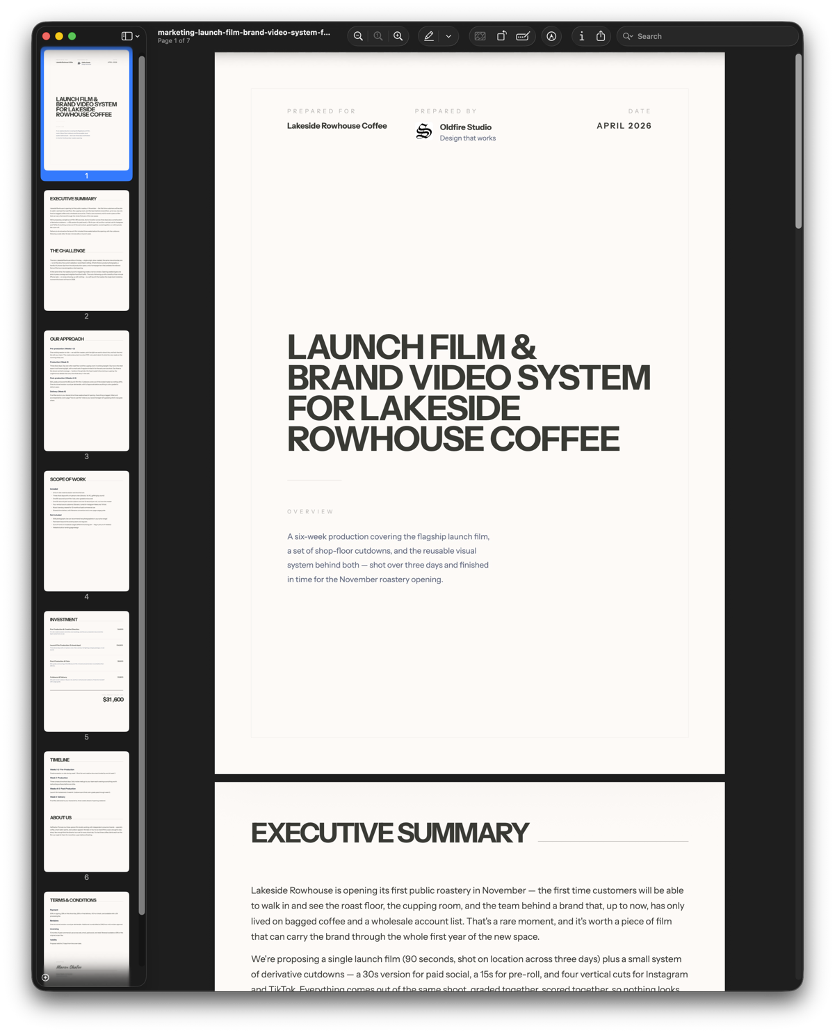 ProposalKit proposal open in a macOS PDF viewer with page thumbnails in the sidebar, showing the cover and executive summary