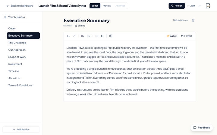 ProposalKit editor with the section list on the left and the Executive Summary section open in the canvas
